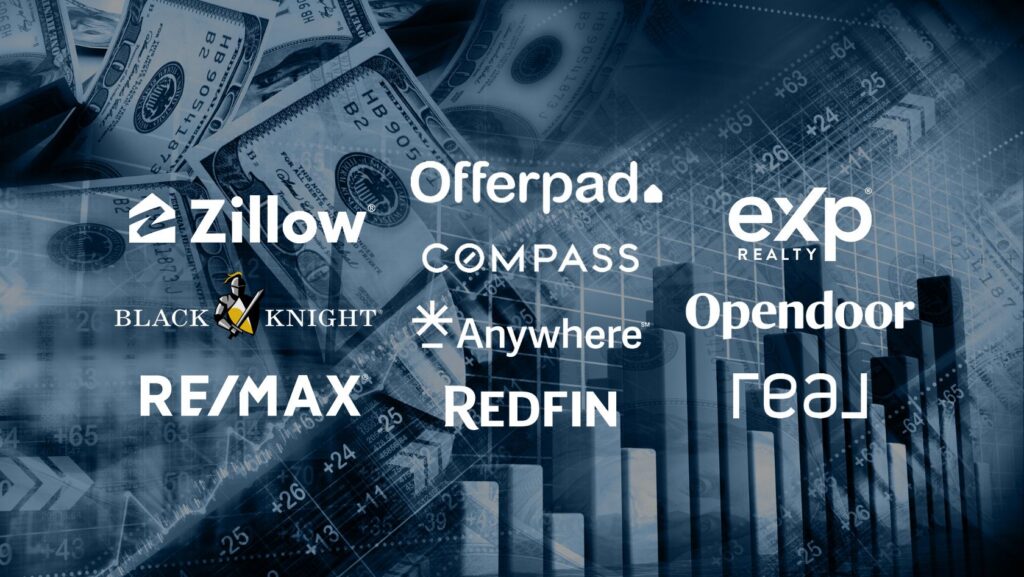 Collage of real estate company logos including Zillow, Offerpad, Compass, eXp Realty, Opendoor, RE/MAX, Redfin, Anywhere, and Black Knight over a blue finance-themed background.