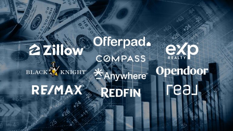 Collage of real estate company logos including Zillow, Offerpad, Compass, eXp Realty, Opendoor, RE/MAX, Redfin, Anywhere, and Black Knight over a blue finance-themed background.