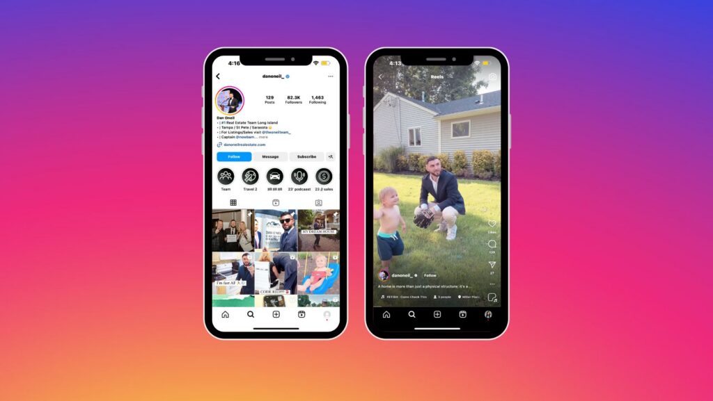Two iPhone screens against a gradient background: left shows an Instagram profile grid, right shows a Reel video.