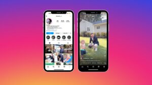 Two iPhone screens against a gradient background: left shows an Instagram profile grid, right shows a Reel video.