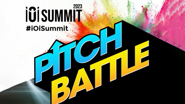 IO Summit 2023 Pitch Battle banner with bright blue and yellow lettering and a multicolor paint-splashed background