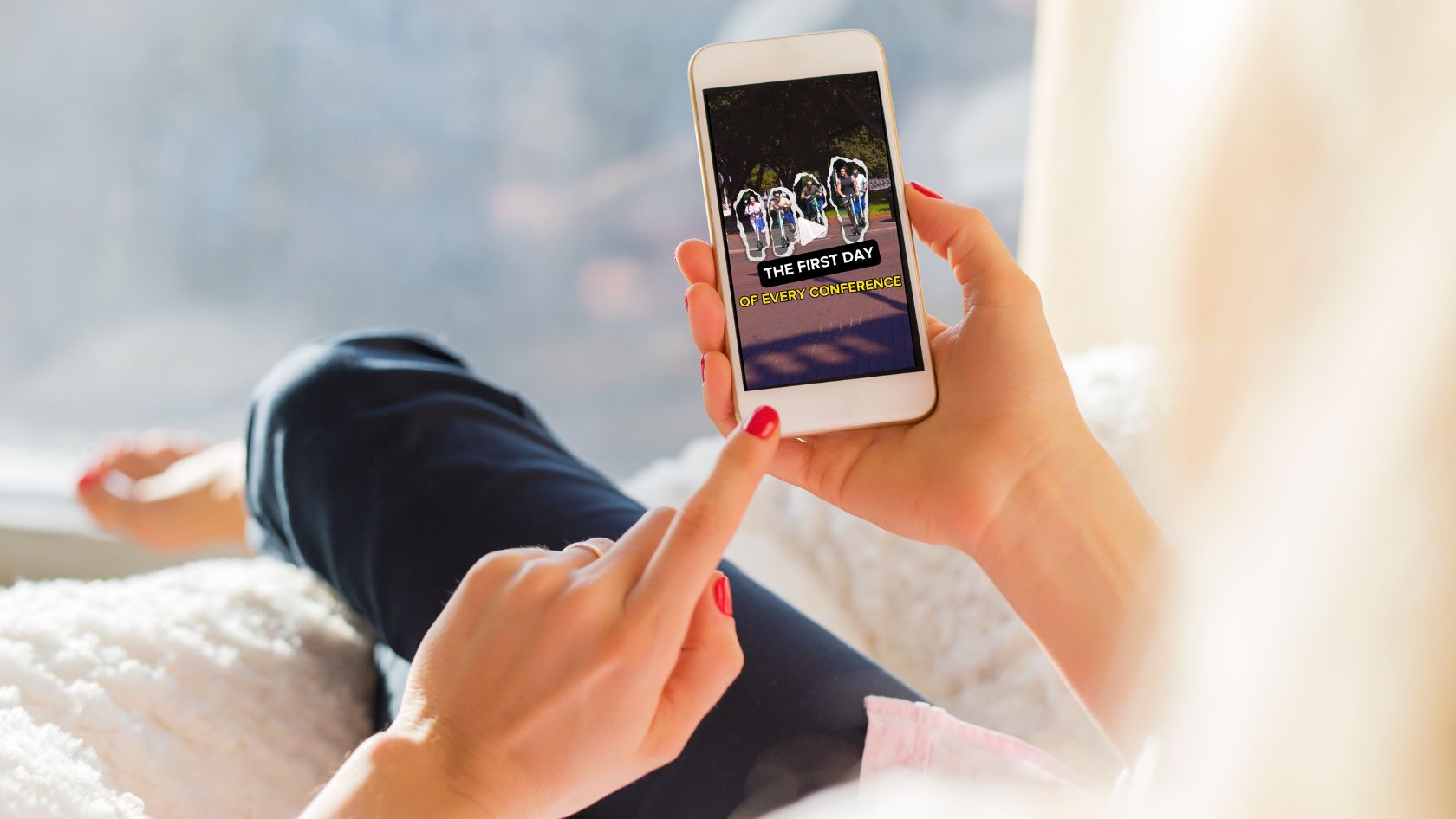 Hands holding a smartphone displaying a conference poster that reads 'The First Day of Every Conference'. The user taps the screen.