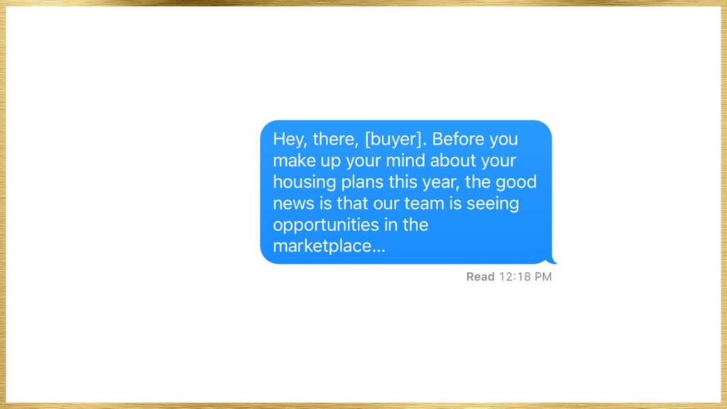 Blue rounded chat bubble with a buyer-focused marketing message about housing plans and marketplace opportunities; Read 12:18 PM