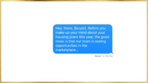 Blue rounded chat bubble with a buyer-focused marketing message about housing plans and marketplace opportunities; Read 12:18 PM