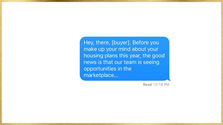 Blue rounded chat bubble with a buyer-focused marketing message about housing plans and marketplace opportunities; Read 12:18 PM