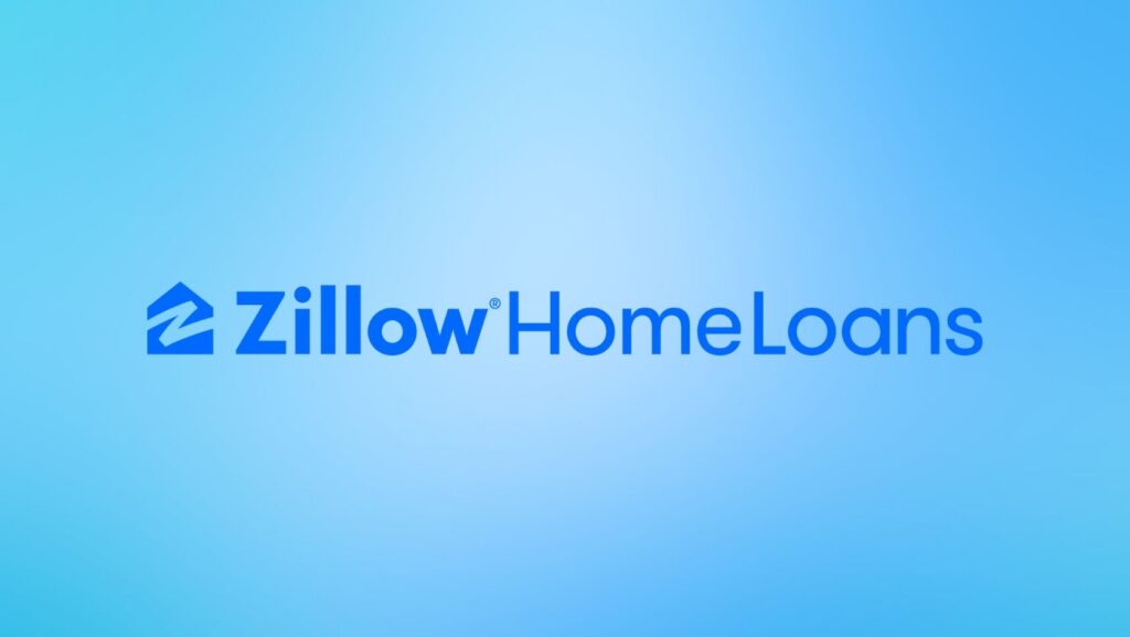 Zillow Home Loans logo with blue wordmark and house-shaped icon on a light blue gradient background.