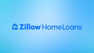 Zillow Home Loans logo with blue wordmark and house-shaped icon on a light blue gradient background.