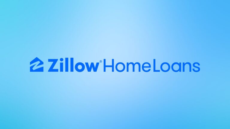 Zillow Home Loans logo with blue wordmark and house-shaped icon on a light blue gradient background.