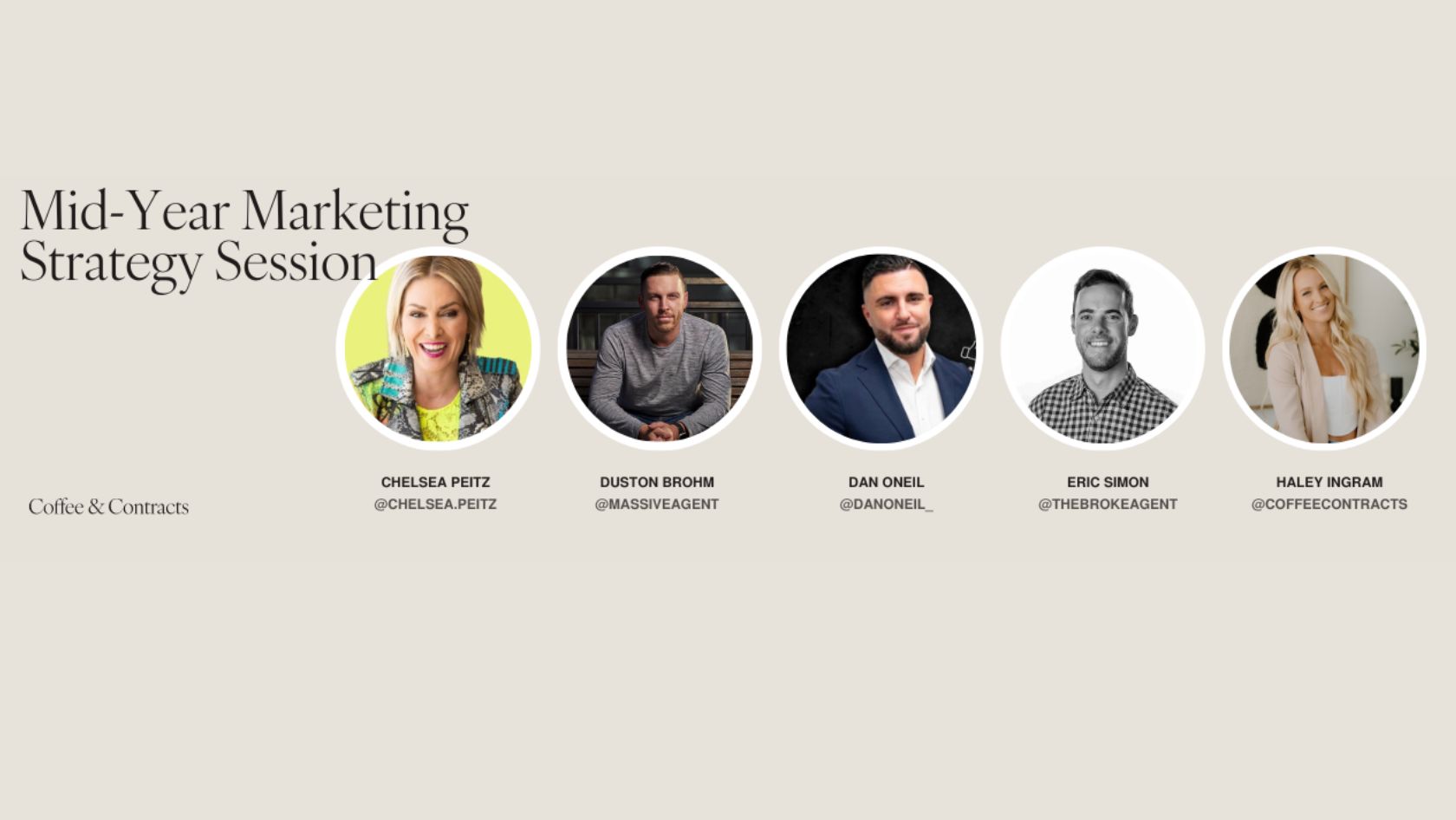 Mid-Year Marketing Strategy Session banner showing five speakers with circular headshots and social handles.