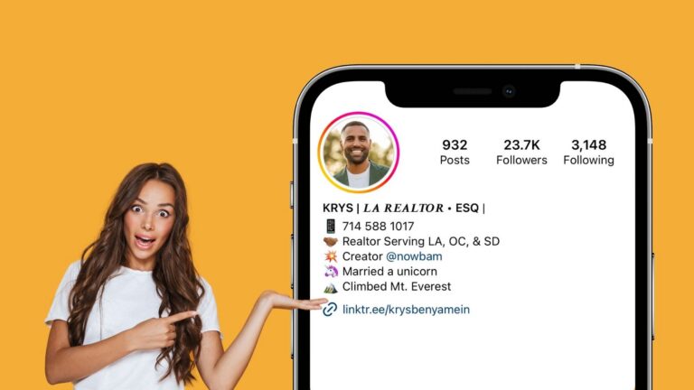 Woman in white shirt pointing at a large iPhone displaying an Instagram profile on an orange background.