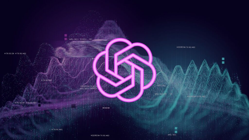 Neon pink intertwined knot logo over a dark purple data visualization background and digital waves.