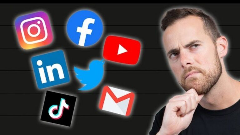 Man with a thoughtful expression surrounded by floating social media icons on a dark striped background (Instagram, Facebook, YouTube, LinkedIn, Twitter, TikTok, Gmail).