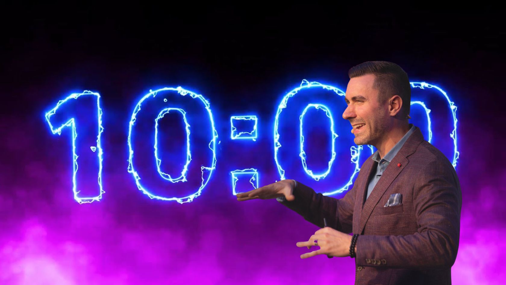 Man in a burgundy blazer gesturing toward a glowing blue 10:00 sign with purple fog in the background.