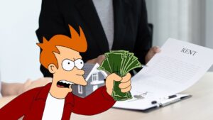 Cartoon character holding a bundle of cash in front of a person signing a rental agreement (illustration over photo)