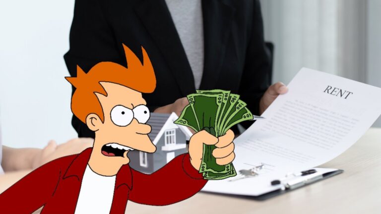 Cartoon character holding a bundle of cash in front of a person signing a rental agreement (illustration over photo)
