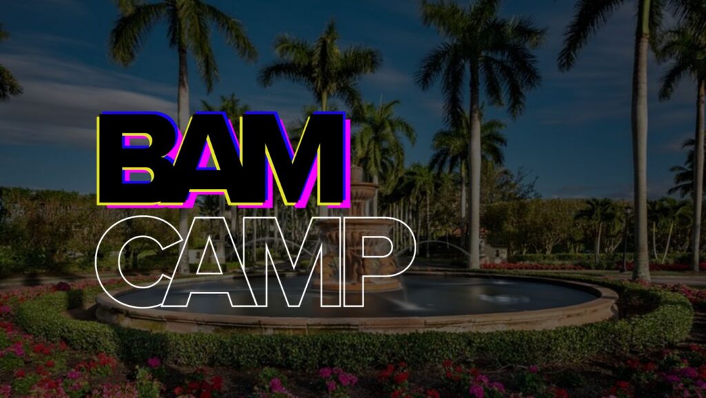 Promotional banner for BAM CAMP with large outlined letters over a fountain and palm trees in a tropical park setting.