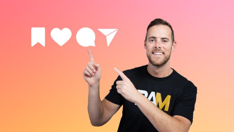 Smiling man in a black T‑shirt points at white social icons (bookmark, heart, chat, paper plane) on a pink–orange gradient background.