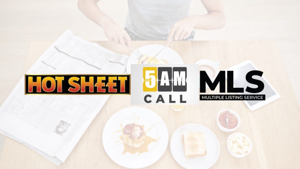 Overhead table with breakfast dishes and three overlapping logos: HOT SHEET, 5AM CALL, MLS.