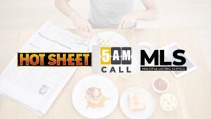Overhead table with breakfast dishes and three overlapping logos: HOT SHEET, 5AM CALL, MLS.