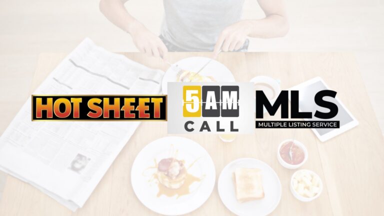 Overhead table with breakfast dishes and three overlapping logos: HOT SHEET, 5AM CALL, MLS.