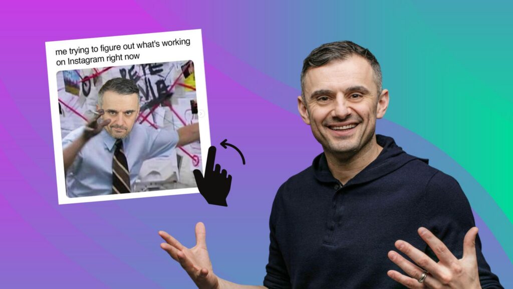 Smiling man in a dark hoodie with a tilted meme image about figuring out what's working on Instagram, on a purple-to-teal gradient background.