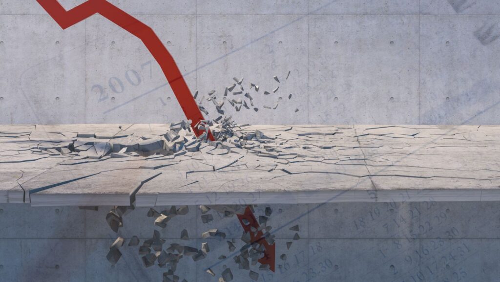 Red downward arrow smashing through a cracked concrete floor with debris, reflected in water below