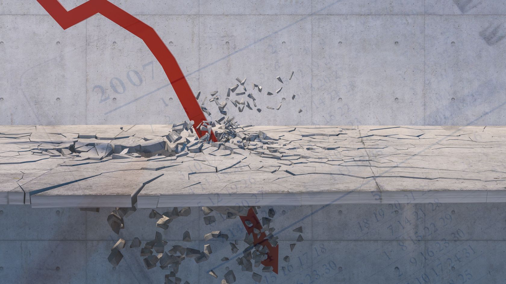 Red downward arrow smashing through a cracked concrete floor with debris, reflected in water below