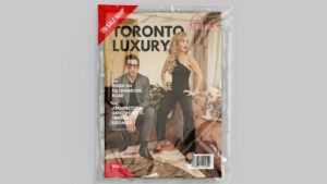 Magazine cover: TORONTO LUXURY with a man in a suit and a woman in a black jumpsuit posing in a stylish living room; red 'ON SALE NOW' corner banner.