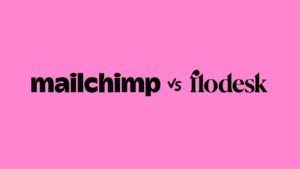 Bold black text 'mailchimp vs flowdesk' on a pink background, indicating a brand comparison.