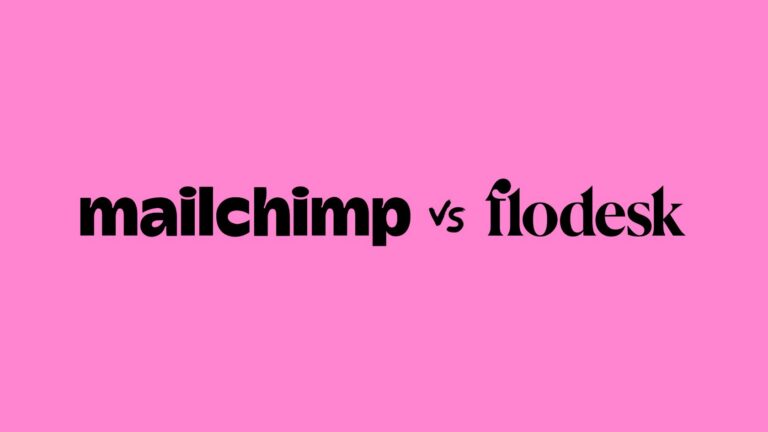 Bold black text 'mailchimp vs flowdesk' on a pink background, indicating a brand comparison.