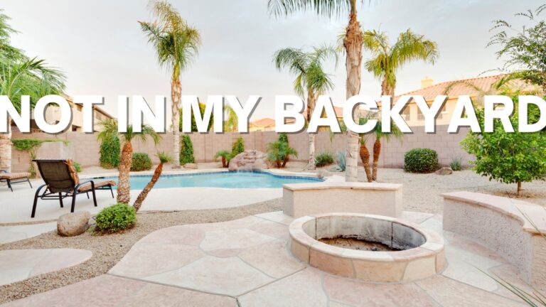 Backyard pool area with palm trees, lounge chairs, and a circular fire pit; large white text reads 'NOT IN MY BACKYARD' across the scene.