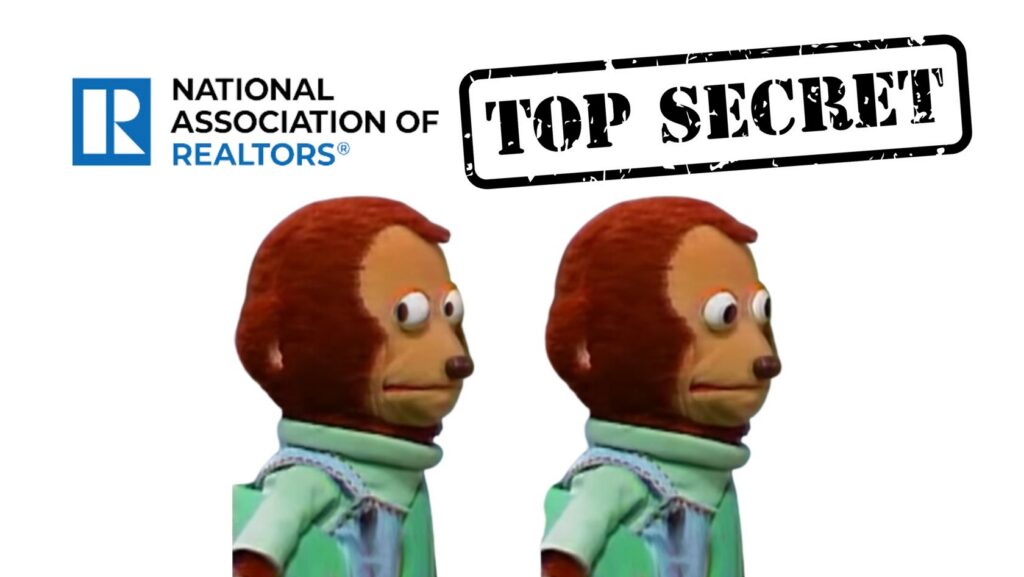 National Association of Realtors logo with a large 'TOP SECRET' stamp and two identical toy monkeys facing each other