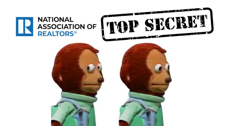 National Association of Realtors logo with a large 'TOP SECRET' stamp and two identical toy monkeys facing each other