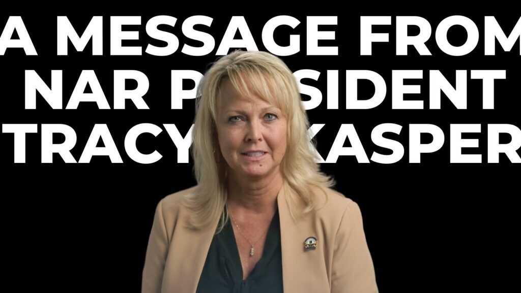 Video thumbnail of NAR President Tracy Kasper, a blonde woman in a beige blazer, with large white text on a black background behind her.