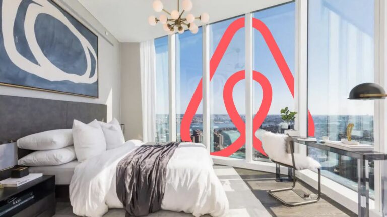 Modern hotel room with white bedding and floor-to-ceiling windows overlooking a city; red abstract overlay on glass.