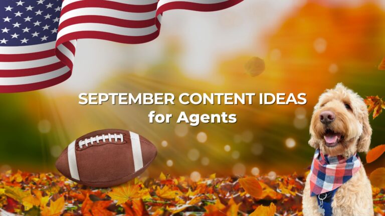 Patriotic autumn banner with the US flag, a football, a happy dog in a plaid scarf, and autumn leaves behind the title 'September Content Ideas for Agents'.