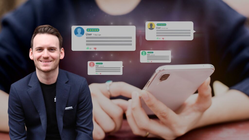 Smiling man in a blazer beside a smartphone with floating review bubbles and star ratings a behind-the-scenes look at online feedback.
