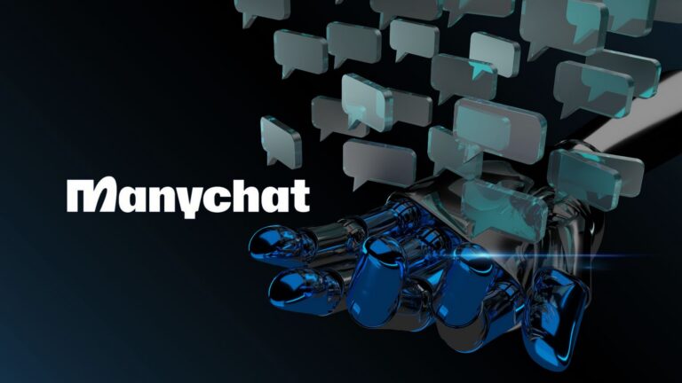 ManyChat branding with teal chat bubbles rising from blue abstract tubes against a dark background