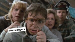A group of four people peers through a magnifying glass, suggesting they’re investigating or inspecting closely for homebuyers.