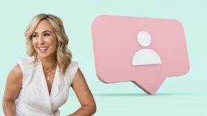 Smiling woman in a white sleeveless top beside a large pink speech bubble with a white user icon on a mint background.