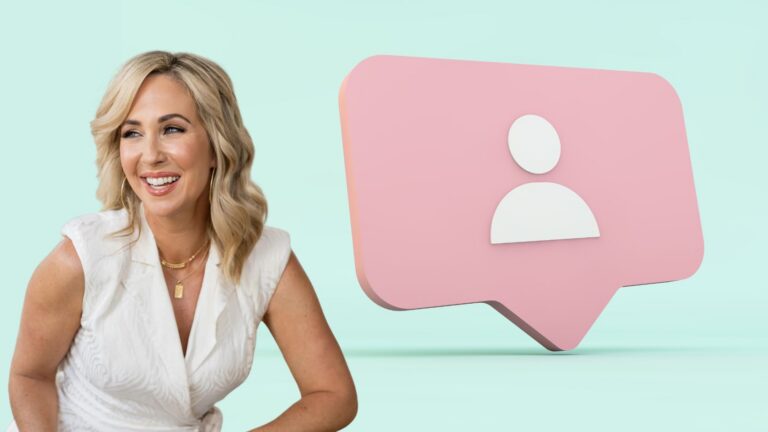 Smiling woman in a white sleeveless top beside a large pink speech bubble with a white user icon on a mint background.