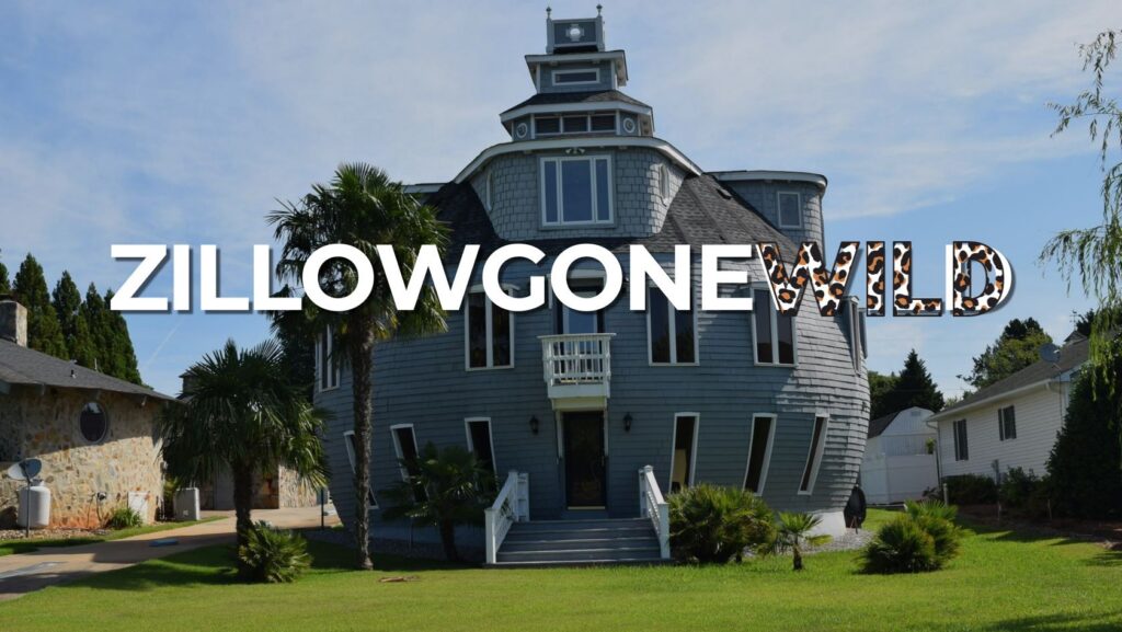 Blue, multi-story Victorian-style house with a large white text overlay reading ZILLOWGONEWILD across the front; the word WILD uses a leopard-print pattern.