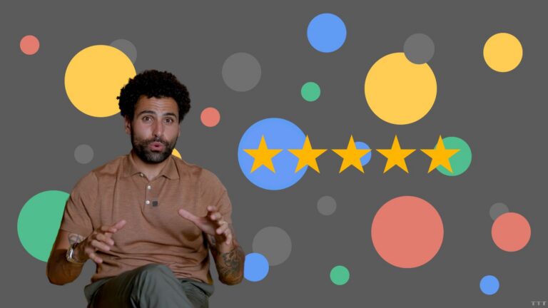 Man speaking or explaining in front of a gray background with colorful circles and a five-star rating graphic to the right.
