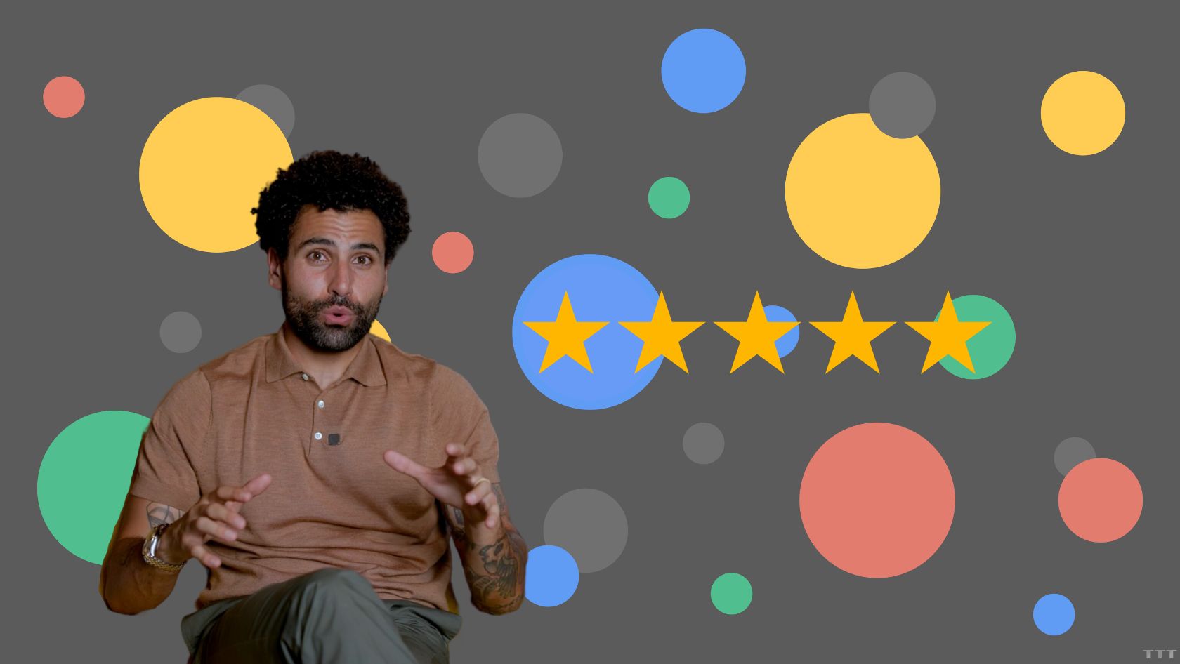 Man speaking or explaining in front of a gray background with colorful circles and a five-star rating graphic to the right.