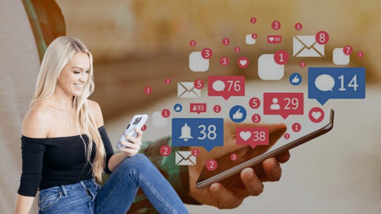 Young woman using a smartphone while a tablet displays floating social media notifications and icons in the background.