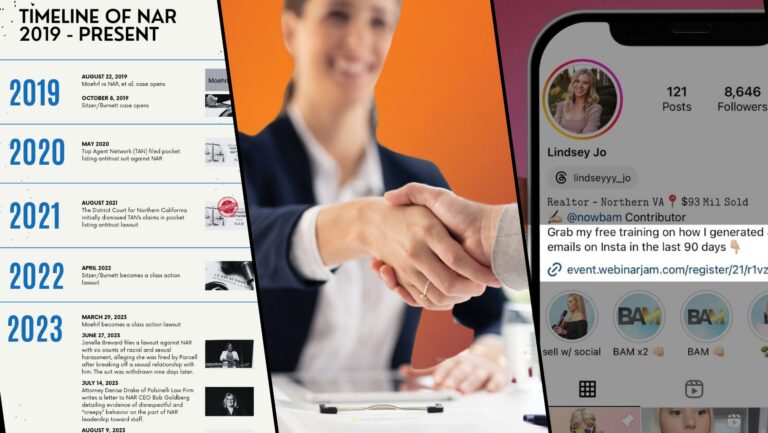 Collage with a left column timeline (2019–2023), center handshake gesture, and a right Instagram profile screen.