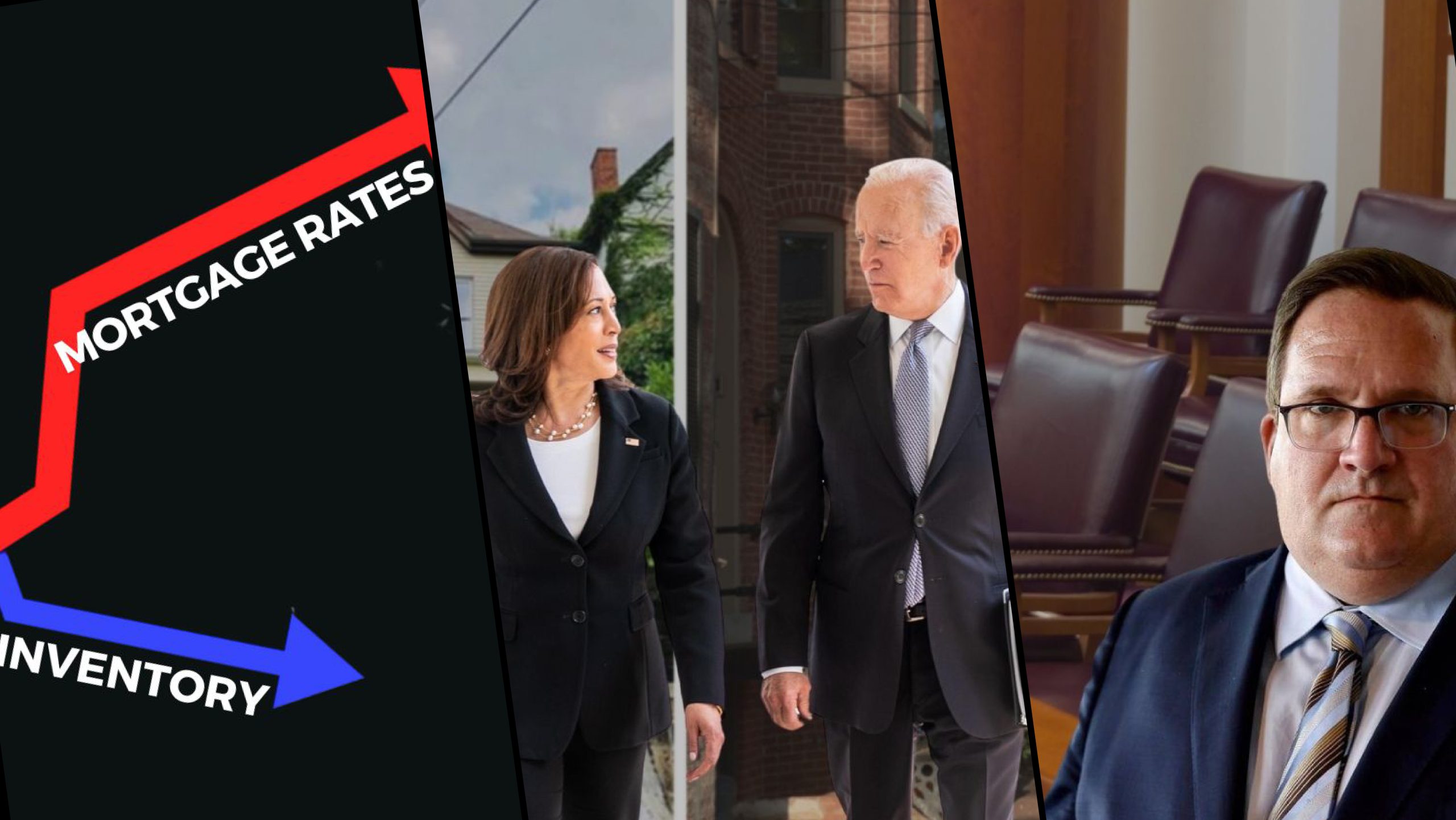 Collage showing mortgage rates and housing inventory with suited professionals outside a brick building.
