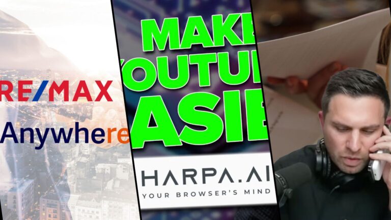 Collage of three panels: left city skyline with RE/MAX branding, middle neon green bold text overlapping, right man wearing headphones looking down in a cardboard box setting.