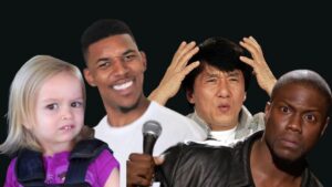 Collage of four people against a dark background: a young blonde girl, a smiling Black man with a microphone, an Asian man holding his head in confusion, and a surprised Black man.