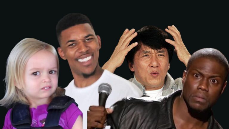 Collage of four people against a dark background: a young blonde girl, a smiling Black man with a microphone, an Asian man holding his head in confusion, and a surprised Black man.